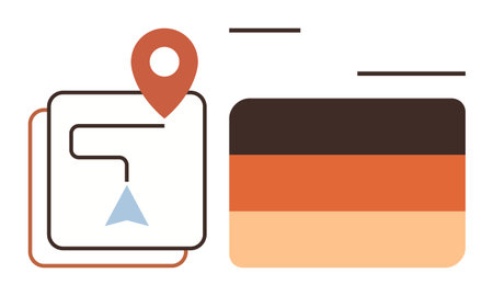 Map route with location pin and triangle pointer next to horizontal block color layers. Ideal for navigation, planning, design, creativity, guidance, journey, simplicity. Clean simple flat metaphorのイラスト素材