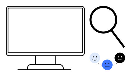 Computer screen with magnifying glass and emotion icons representing analytics, feedback, evaluation, sentiment study, review process, customer behavior, and decision-making. Simple flat metaphorのイラスト素材