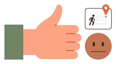 Thumbs-up hand gesture, map pin with walking route and neutral face. Ideal for feedback, guidance, approval, navigation, user experience, satisfaction decision-making. Simple flat metaphorのイラスト素材