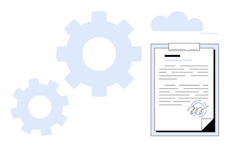 Signed document with clipboard alongside cloud and gear icons. Ideal for workflow, automation, approval process, digital solutions, teamwork, business, and technology themes. Simple flat metaphorのイラスト素材