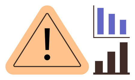 Orange warning triangle with exclamation mark alongside blue and brown bar graphs. Ideal for risk...
