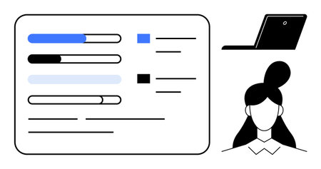 User interface with progress bars, checklist items, and minimalistic avatar. Laptop icon complements themes thumbs up data management, digital identity, and analytics. Ideal for technology, profileのイラスト素材