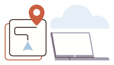 Location pin, map interface, laptop, and cloud representing navigation, technology, data storage, collaboration, and innovation. Ideal for travel tech business education communicationのイラスト素材