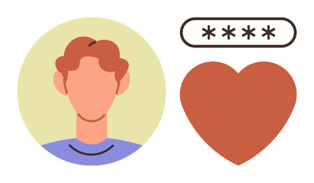 Profile avatar, secure password field, and heart icon. Ideal for identity safety, privacy, authentication, online relationships, self-care security awareness digital connection. Simple flatのイラスト素材