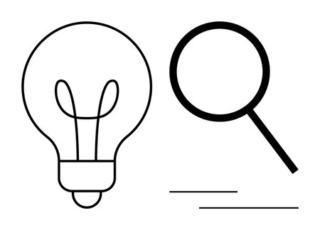 Black and white lightbulb next to magnifying glass, symbolizing ideas, creativity, research, discovery, knowledge, learning and analysis. Ideal for education problem solving and innovation. Simpleのイラスト素材