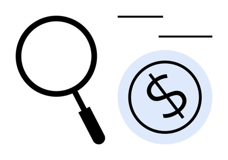 Magnifying glass examining dollar symbol inside blue circle, conveying financial insight, expense evaluation, savings. Ideal for business, budget planning, finance, accounting, audits moneyのイラスト素材