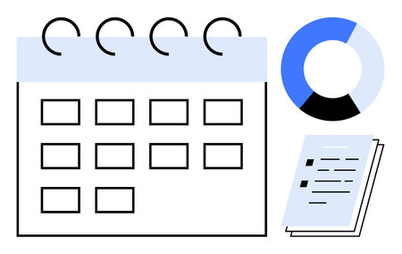 Calendar with grid layout, segmented pie chart, and stack of documents. Ideal for scheduling, time management, strategy, analysis, productivity reporting and organization. Simple flat metaphorのイラスト素材