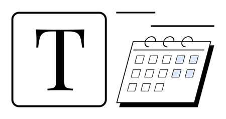 Bold capital letter T inside a square and a minimalistic calendar with grid spaces, symbolizing content creation, deadlines, scheduling, and organization. Ideal for time management, productivityのイラスト素材