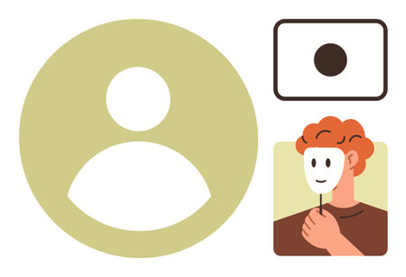 Large user silhouette, person holding theatrical mask concealing face, rectangle object with dot. Ideal for identity, privacy, anonymity, online presence, social networking, self-representationのイラスト素材