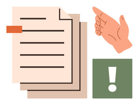 Hand pointing at stacked documents alongside a green box with an exclamation mark. Ideal for communication, priority setting, alerts, workflows, focus, task management, and reminders. Simple flatのイラスト素材