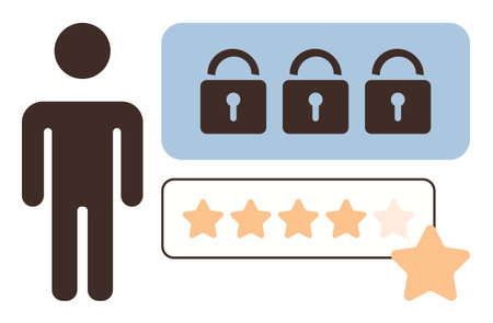 Person standing beside a lock icon panel and a 5-star rating system with highlighted stars. Ideal for user security, performance reviews, access control, evaluation, ranking, feedback, authorizationのイラスト素材