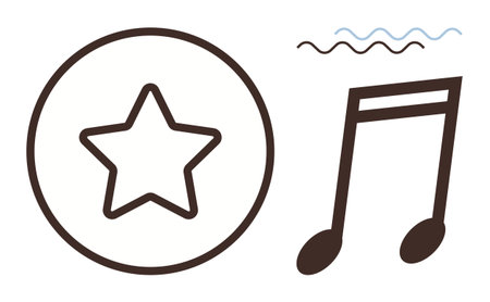 Star in a circle symbolizing excellence, eighth note for music and rhythm, and wavy lines for flow and harmony. Ideal for creativity, music, entertainment, design, branding, education inspirationのイラスト素材
