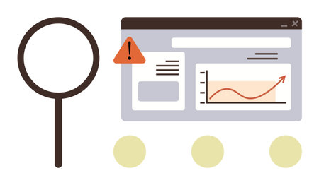 Magnifying glass alongside a browser window featuring a growth chart and alert icon. Ideal for analytics, business growth, error detection, data monitoring, research, problem-solving, simple flatのイラスト素材