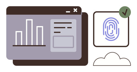 Analytical dashboard with bar chart, fingerprint icon, tick mark, and cloud. Ideal for data...