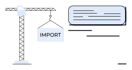 Crane hoisting a labeled shipping container, papers symbolizing trade import. Ideal for business, logistics, transportation, global trade, documentation, supply chain, teamwork in a simple flatのイラスト素材