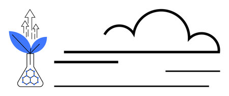 Growing plant in a chemical flask with upward arrows, geometric lines, and a cloud shape. Ideal for sustainability, science, technology, growth, ecology innovation environmental progress. Simpleのイラスト素材