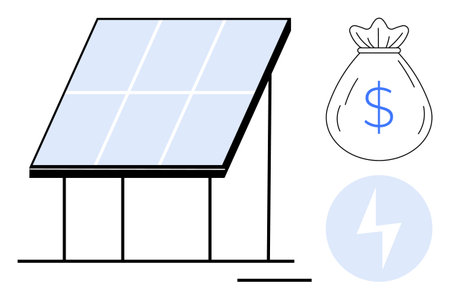 Solar panel structure generating power, money bag with dollar sign, electricity bolt icon. Ideal for renewable energy, sustainability, savings, eco-business, green technology, clean energy simpleのイラスト素材