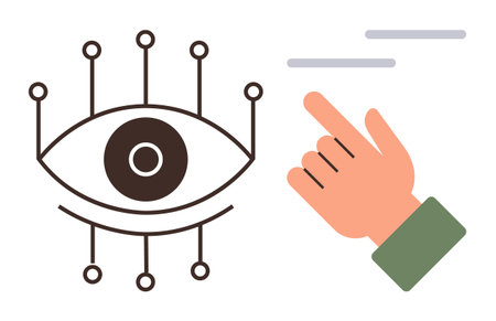 Digital eye with nodes paired with a hand pointing, symbolizing technology, AI, connection, and interaction. Ideal for innovation, interface, web design, data visualization security conceptsのイラスト素材
