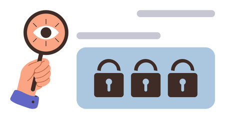 Hand with magnifying glass and eye examining three closed padlocks. Ideal for security, privacy, protection, surveillance, investigation, encryption, data safety. A simple flat metaphorのイラスト素材