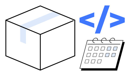 Package box, code brackets, and calendar represent project deployment, programming, and deadlines. Ideal for software planning, coding, logistics, project management teamwork productivityのイラスト素材