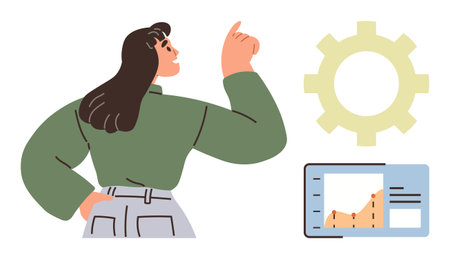 Woman pointing upward symbolizes strategy while standing next to technology. Gear and chart highlight solutions. Ideal for business, teamwork, leadership, innovation, analysis, planning, simple flatのイラスト素材