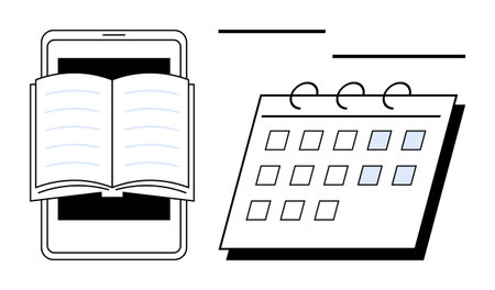 Open book emerging from smartphone alongside a calendar to organize tasks and manage time. Ideal for education, learning, time management, digital tools, planning, scheduling, studying. Minimalistのイラスト素材