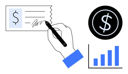 Hand writing on a check, dollar coin icon, and bar chart in minimalist style. Ideal for finance, banking, investment, payment, accounting economy business. Clean and simple flat metaphorのイラスト素材