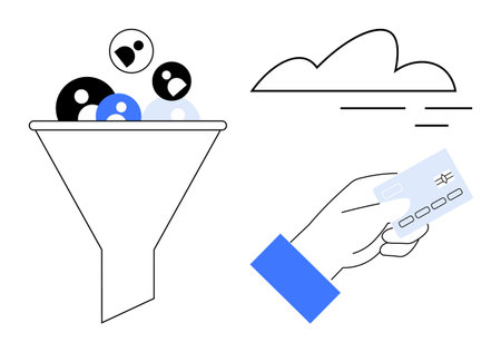 Funnel filtering profiles, floating cloud representing cloud storage, hand holding credit card for secure payment. Ideal for data processing, cloud tech, e-commerce, customer journey, securityのイラスト素材