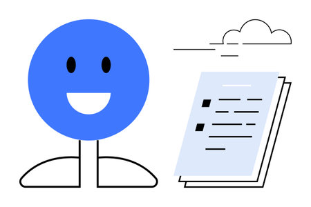 Blue smiling face figure beside a detailed document and cloud element. Ideal for teamwork, productivity, learning, organization, optimism, communication, documentation. A simple flat metaphorのイラスト素材