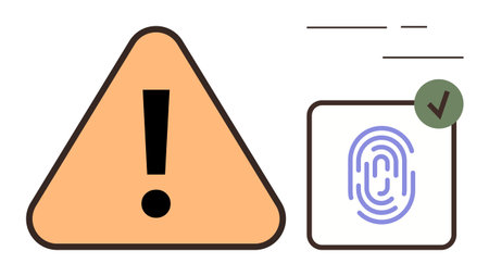 Exclamation warning symbol beside a fingerprint icon with a green checkmark for security approval....