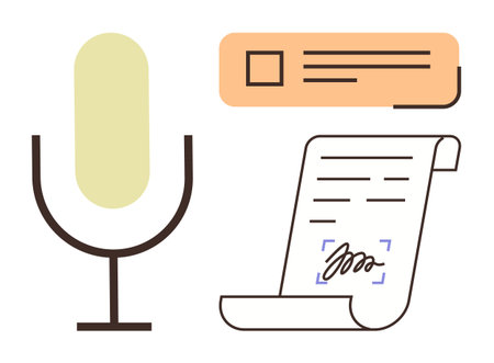Microphone, signed document, and message box illustrating voice-to-text, digital agreements, and modern communication. Ideal for technology, business, remote work, efficiency innovation creativityのイラスト素材