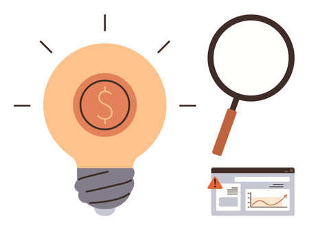 Lightbulb with dollar sign radiating ideas, magnifying glass symbolizing research, analytics window with warning flag suggesting data analysis. Ideal for finance, innovation, research, strategyのイラスト素材