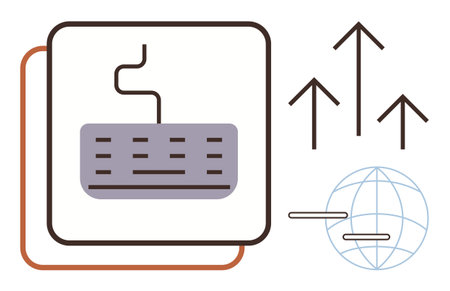Keyboard with upward arrows symbolizing progress and global grid indicating worldwide connections. Ideal for technology, innovation, global reach, data, online communication, networking, simple flatのイラスト素材
