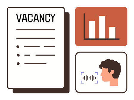 Job listing document, bar graph, and person using voice recognition software. Ideal for recruitment, HR, technology, career growth, analytics communication digital tools. Simple flat metaphorのイラスト素材
