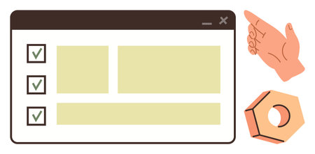 Browser window with checklist, hand gesture pointing right, gear element. Ideal for productivity, organization, teamwork, planning, workflow, task management simple flat metaphorのイラスト素材