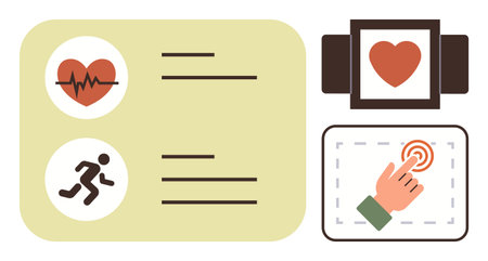 Heart symbol with pulse, running icon, smartwatch, and hand tapping touchscreen. Ideal for fitness, health monitoring, technology, activity tracking, digital lifestyle innovation simple flatのイラスト素材