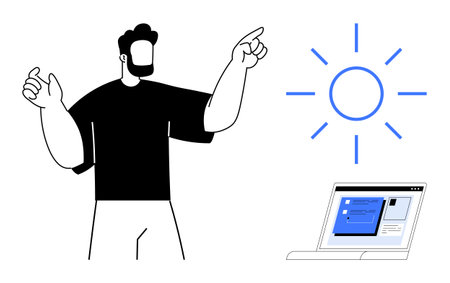 Man pointing at a laptop and glowing sun symbol representing creativity, innovation, technology, and progress. Ideal for education, teamwork, problem-solving, development, leadershipのイラスト素材