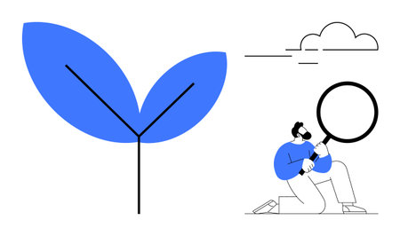 Large blue plant leaves and character holding magnifying glass kneeling on ground. Ideal for ecology, sustainability, research, growth, discovery, innovation, education. Simple flat metaphorのイラスト素材