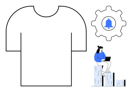 Blank t-shirt outline, gear with a notification bell, woman sitting on stacked bars working on laptop. Ideal for fashion, technology, productivity, e-commerce, notifications, business educationのイラスト素材