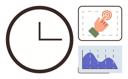 Large clock icon, hand touching screen interface, and blue data chart. Ideal for time, productivity,...