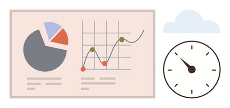 Pie chart, line graph with markers, clock, cloud symbolizing analytics, time management, decision-making. Ideal for productivity, workflow, business analysis technology deadlines data trackingのイラスト素材