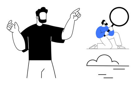 Man in black shirt pointing ahead, smaller figure with magnifying glass examining details near cloud. Ideal for analysis, growth, vision, discovery, leadership, innovation teamwork. Simple flatのイラスト素材