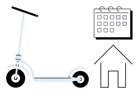 Minimalist scooter, calendar, and house outline suggesting mobility, scheduling, routine, sustainability, urban commuting, work-life balance and personal organization. Ideal for eco-travel timeのイラスト素材