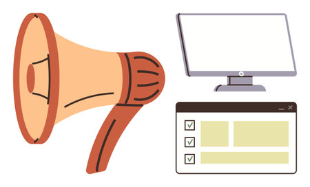 Megaphone for announcements, monitor screen, and checklist interface for task tracking. Ideal for marketing, communication, advertising, planning, feedback strategy outreach. Simple flat metaphorのイラスト素材
