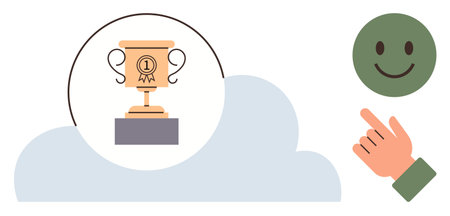 Trophy on pedestal in cloud, hand pointing at smiling face. Ideal for achievement, motivation, success, recognition, positivity, encouragement leadership. Simple flat metaphorのイラスト素材