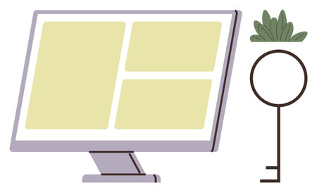 Monitor displaying a grid layout with a leafy plant symbol and a large key, representing access, development, productivity, innovation, organization, creativity, and digital tools. Simple flatのイラスト素材