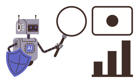 Robot with AI label holds magnifying glass examining charts and data visuals, emphasizing technology, cybersecurity, analytics, research, artificial intelligence, innovation. Ideal for data privacyのイラスト素材