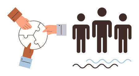 Hands assembling a circular puzzle piece and three figures standing together. Ideal for teamwork, collaboration, problem-solving, partnership, community, diversity, and inclusion. Simple flatのイラスト素材