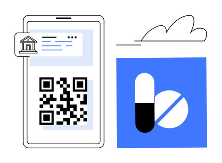 Smartphone displays QR code and medicine prescription beside capsule and pill graphics. Ideal for...