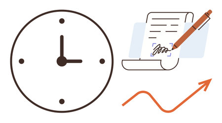 Clock indicating time management, signed document highlighting official agreements, and upward arrow symbolizing growth. Ideal for productivity, success, contracts, time tracking, planningのイラスト素材